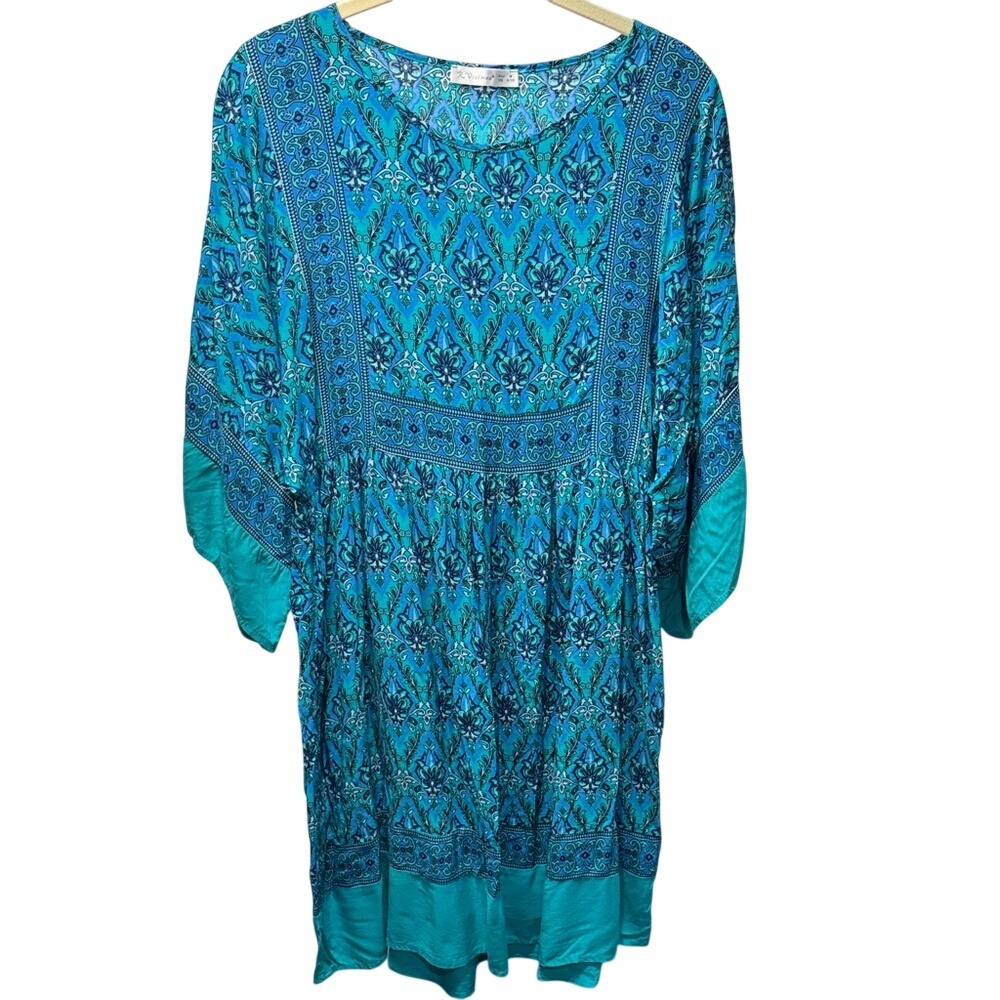 R.Vivimos Turquoise Blue Damask Floral Boho‎ Kimono Sleeve Tunic Dress Womens M